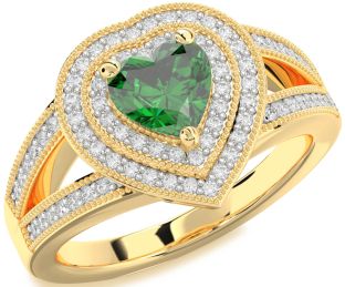 Diamond Emerald Gold Heart Halo Solitaire Pave Engagement Ring