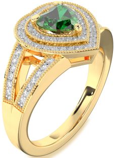 Diamond Emerald Gold Heart Halo Pave Engagement Ring