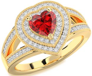 Diamond Ruby Gold Heart Halo Solitaire Pave Engagement Ring