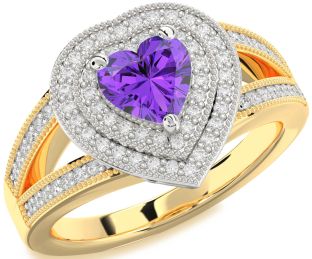 Diamond Amethyst Platinum & Yellow Gold Heart Halo Pave Engagement Ring