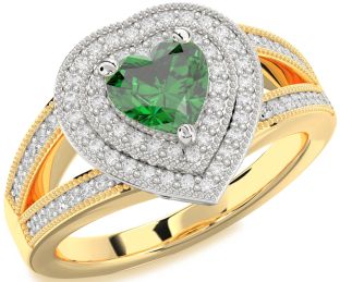 Diamond Emerald Platinum & Yellow Gold Heart Halo Solitaire Pave Engagement Ring