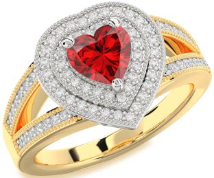 Diamond Ruby White Yellow Gold Heart Halo Solitaire Pave Engagement Ring