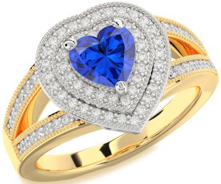Diamond Blue Sapphire White Yellow Gold Heart Halo Pave Engagement Ring