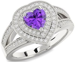 Diamond Amethyst Platinum Heart Halo Pave Engagement Ring