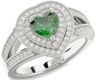 Diamond Emerald Platinum Heart Halo Solitaire Pave Engagement Ring