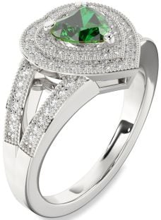 Diamond Emerald White Gold Heart Halo Pave Engagement Ring