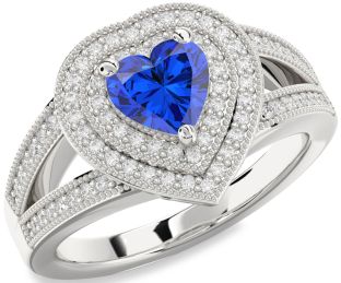 Diamond Blue Sapphire Platinum Heart Halo Pave Engagement Ring