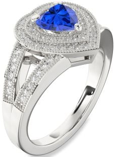 Diamond Blue Sapphire Platinum Heart Halo Pave Engagement Ring
