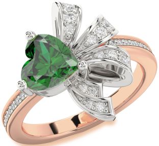 Diamond Emerald Platinum & Rose Gold Heart Ring