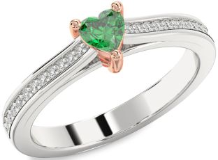 Diamond Emerald Silver & 10K Rose Gold Heart Solitaire Pave Engagement Ring