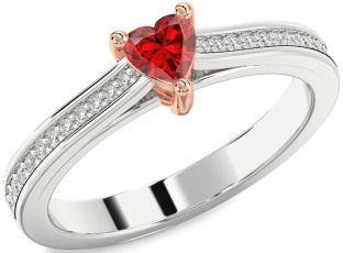 Diamond Ruby Silver & 10K Rose Gold Heart Solitaire Pave Engagement Ring