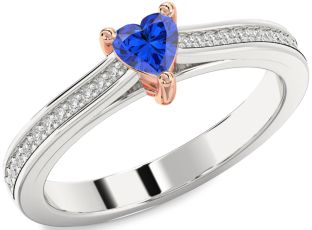 Diamond Blue Sapphire White Rose Gold Heart Pave Promise Ring
