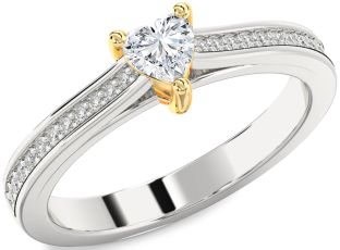 Diamond Silver & 10K gold Heart Solitaire Pave Engagement Ring