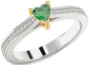 Diamond Emerald Silver & 10K gold Heart Solitaire Pave Engagement Ring