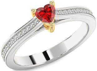 Diamond Ruby Silver & 10K gold Heart Solitaire Pave Engagement Ring