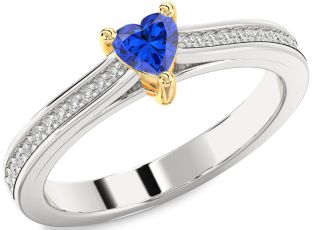 Diamond Blue Sapphire White Yellow Gold Heart Pave Promise Ring