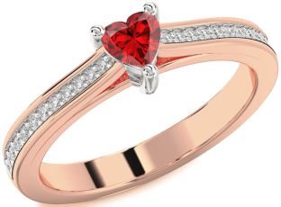 Diamond Ruby White Rose Gold Heart Solitaire Pave Engagement Ring