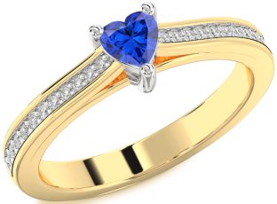 Diamond Blue Sapphire White Yellow Gold Heart Pave Promise Ring