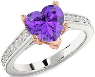 Diamond Amethyst Platinum & Rose Gold Heart Solitaire Pave Engagement Ring