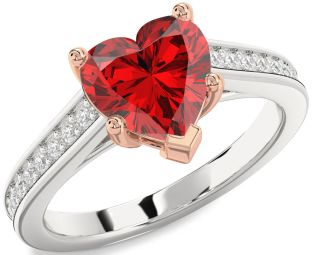 Diamond Ruby Silver & 10K Rose Gold Heart Solitaire Pave Engagement Ring