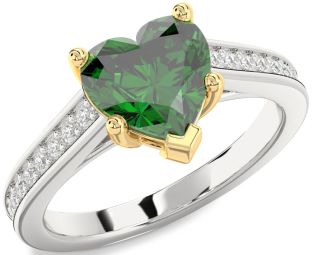 Diamond Emerald Silver & 10K gold Heart Solitaire Pave Engagement Ring