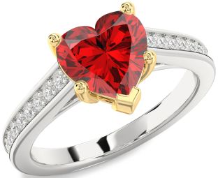 Diamond Ruby Silver & 10K gold Heart Solitaire Pave Engagement Ring