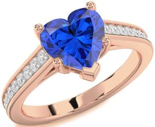 Diamond Blue Sapphire Rose Gold Silver Heart Solitaire Pave Engagement Ring
