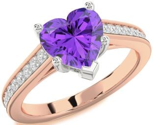 Diamond Amethyst Platinum & Rose Gold Heart Solitaire Pave Engagement Ring