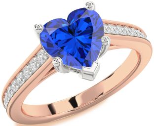 Diamond Blue Sapphire White Rose Gold Heart Solitaire Pave Engagement Ring