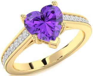 Diamond Amethyst Gold Heart Solitaire Pave Engagement Ring