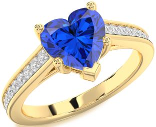 Diamond Blue Sapphire Gold Heart Solitaire Pave Engagement Ring