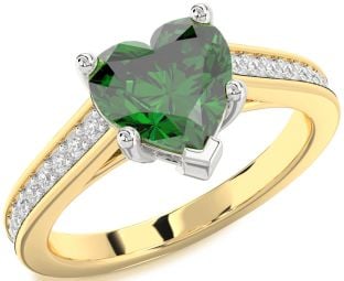 Diamond Emerald Platinum & Yellow Gold Heart Solitaire Pave Engagement Ring