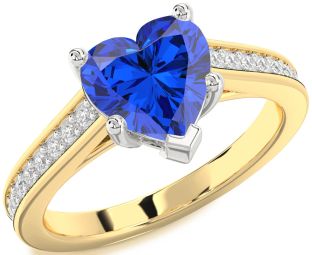 Diamond Blue Sapphire Gold Silver Heart Solitaire Pave Engagement Ring