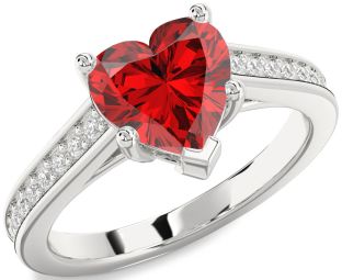 Diamond Ruby Silver Heart Solitaire Pave Engagement Ring