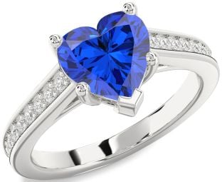 Diamond Blue Sapphire White Gold Heart Solitaire Pave Engagement Ring