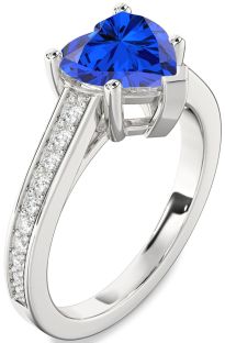 Diamond Blue Sapphire Platinum Heart Solitaire Pave Engagement Ring