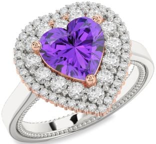 Diamond Amethyst Platinum & Rose Gold Heart Halo Engagement Ring
