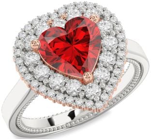 Diamond Ruby Silver & 10K Rose Gold Heart Halo Solitaire Engagement Ring