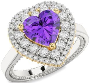 Diamond Amethyst Platinum & Yellow Gold Heart Halo Engagement Ring