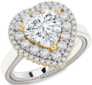 Diamond Silver & 10K gold Heart Halo Solitaire Engagement Ring