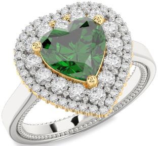 Diamond Emerald Silver & 10K gold Heart Halo Solitaire Engagement Ring