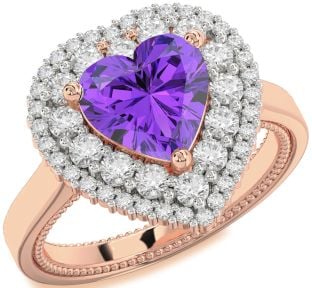 Diamond Amethyst Rose Gold Heart Halo Engagement Ring