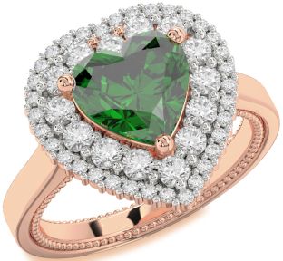 Diamond Emerald Rose Gold Heart Halo Solitaire Engagement Ring