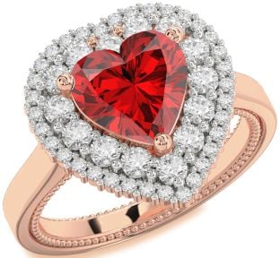 Diamond Ruby Rose Gold Heart Halo Solitaire Engagement Ring