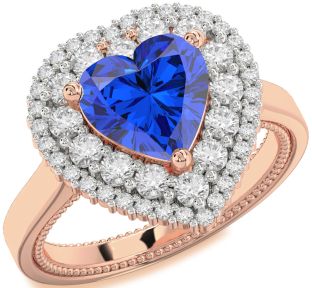 Diamond Blue Sapphire Rose Gold Heart Halo Engagement Ring