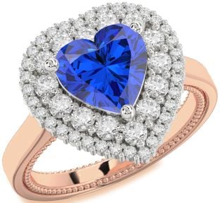 Diamond Blue Sapphire White Rose Gold Heart Halo Engagement Ring