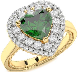 Diamond Emerald Gold Heart Halo Solitaire Engagement Ring