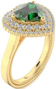 Diamond Emerald Gold Heart Halo Engagement Ring