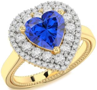 Diamond Blue Sapphire Gold Heart Halo Engagement Ring