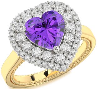Diamond Amethyst Platinum & Yellow Gold Heart Halo Engagement Ring